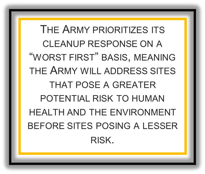 In 2017, the Army began investigating areas with known or suspected releases of PFAS to the environment under the CERCLA framework, including sampling for PFAS in soil, sediment and groundwater. There are no PFAS thresholds or health advisory limits established for sediment, soil, or groundwater as there are for drinking water. In the absence of regulatory direction, the Army has proactively been investigating for PFAS beyond drinking water to better understand potential impacts to the community and environment. ? To protect surrounding communities, the Army uses data from investigating potential releases of firefighting foam to identify affected public water systems and private wells. While specific actions vary according to the unique circumstances at each location, the Army has taken, and will continue to take, swift action to address drinking water affected by Army activities. ? During the Preliminary Assessment (PA), the Army reviews existing information and may conduct site visits to identify locations where Army activities may have caused a PFOS/PFOA release. The next step in the CERCLA process is to perform a Site Inspection (SI) on locations identified during the PA to confirm whether a PFOS/PFOA release occurred. Once the Army has information from the PA/SI, it can make informed decisions on which sites need to move to the next phase (i.e., Remedial Investigation (RI)/Feasibility Study (FS)). During the RI, the Army collects detailed information through field investigations to characterize site conditions, including the nature and extent of the PFOS/PFOA; assess actual and potential exposure pathways; and evaluate risks to human health. If PFOS/PFOA results in an unacceptable risk to human health and the environment based on EPA