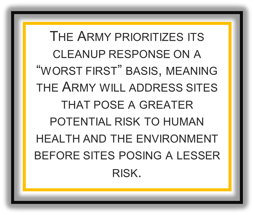 In 2017, the Army began investigating areas with known or suspected releases of PFAS to the environment under the CERCLA framework, including sampling for PFAS in soil, sediment and groundwater. There are no PFAS thresholds or health advisory limits established for sediment, soil, or groundwater as there are for drinking water.  In the absence of regulatory direction, the Army has proactively been investigating for PFAS beyond drinking water to better understand potential impacts to the community and environment. ?	To protect surrounding communities, the Army uses data from investigating potential releases of firefighting foam to identify affected public water systems and private wells. While specific actions vary according to the unique circumstances at each location, the Army has taken, and will continue to take, swift action to address drinking water affected by Army activities. ?	During the Preliminary Assessment (PA), the Army reviews existing information and may conduct site visits to identify locations where Army activities may have caused a PFOS/PFOA release. The next step in the CERCLA process is to perform a Site Inspection (SI) on locations identified during the PA to confirm whether a PFOS/PFOA release occurred. Once the Army has information from the PA/SI, it can make informed decisions on which sites need to move to the next phase (i.e., Remedial Investigation (RI)/Feasibility Study (FS)). During the RI, the Army collects detailed information through field investigations to characterize site conditions, including the nature and extent of the PFOS/PFOA; assess actual and potential exposure pathways; and evaluate risks to human health. If PFOS/PFOA results in an unacceptable risk to human health and the environment based on EPA