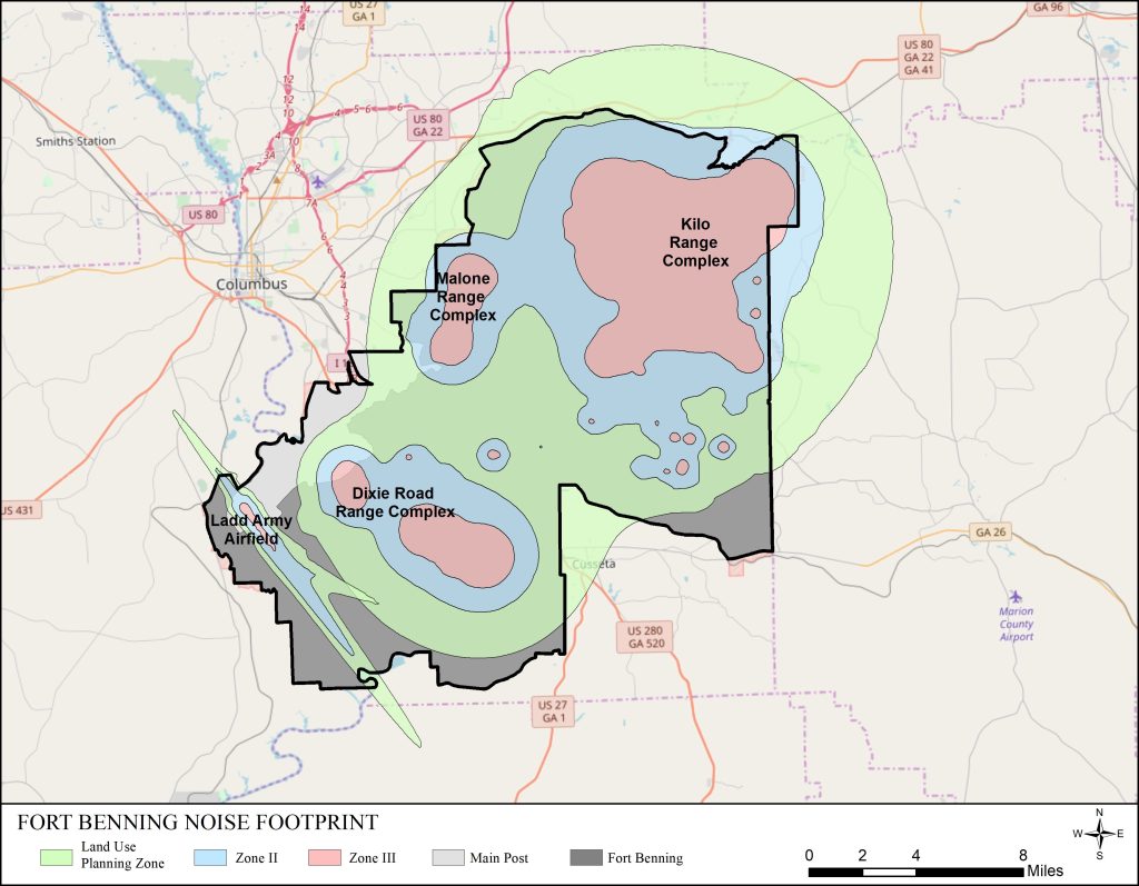 Noise studies are developed using computer noise models to generate maps which depict noise exposure levels based upon existing or future military test and training activities. The levels plotted on the maps are then used to determine what types of land use would be compatible with the noise environment. Noise studies support military Compatible Use Zone programs, NEPA assessments, Joint Land Use Studies, and other planning initiatives. On the surface, noise studies can appear very complicated. Understanding how noise studies are developed and interpreted can help communities and the military make better land use planning decisions. This example of an Army noise study will walk through how the study was developed for Fort Benning and the information being conveyed in the maps.