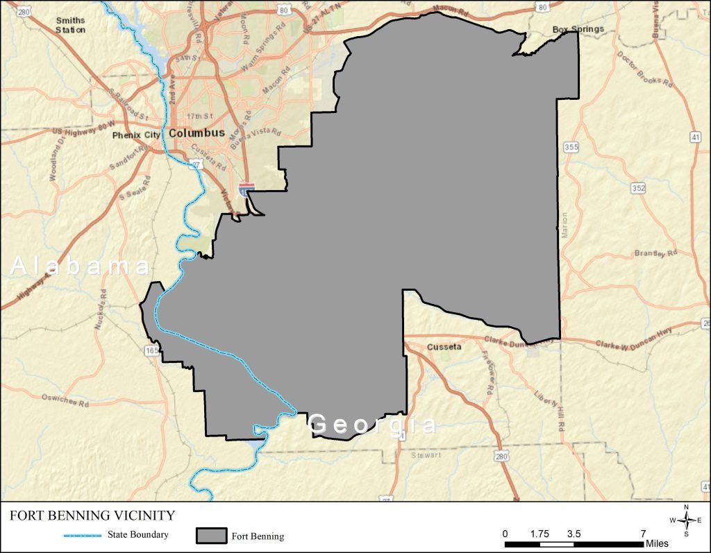 The Fort Benning Maneuver Center of Excellence is an approximately 182,000-acre Army facility located in western Georgia and eastern Alabama. The cities of Columbus, Georgia, and Phenix City, Alabama are located northwest of Fort Benning. Additionally, multiple small communities/towns are located adjacent to Fort Benning. The majority of the area surrounding Fort Benning is rural and undeveloped areas which primarily support farming, forestry and agricultural land uses.