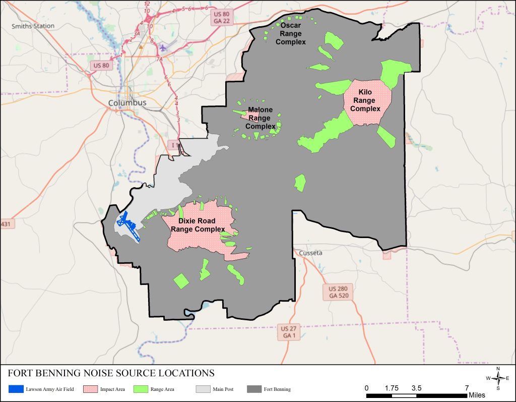 The primary noise source locations at Fort Benning are the weapon training ranges and facilities which are located in four areas on the range complex: Dixie Road Range Complex (adjacent to the cantonment area of Fort Benning), Kilo Range Complex (adjacent to the eastern boundary), Malone Range Complex (near the western boundary), Oscar Range Complex (adjacent to the northern boundary), and Lawson Army Airfield (at the eastern end of the cantonment area).