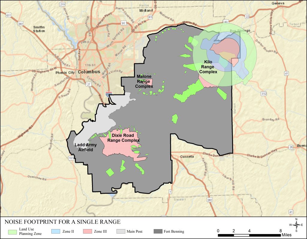 Noise studies address the cumulative noise environment, with each individual range/firing point/airfield contributing to the results. For simplicity, this example shows the extent of noise produced at the Kilo Range Complex, which includes a tank gunnery range for the M1 Abrams tank in the northeast corner of the installation. The contours represent noise exposure levels which are partitioned into "Noise Zones". Zone III (red) is closest to the activity and represents the area of highest noise exposure. Zone II (blue) represents moderate noise exposure and the Land Use Planning Zone (LUPZ) shown in green is the outer contour. It should be noted that although the land outside of the Noise Zones would be described as compatible with noise-sensitive land use, military activities may at times be audible beyond the Noise Zones.