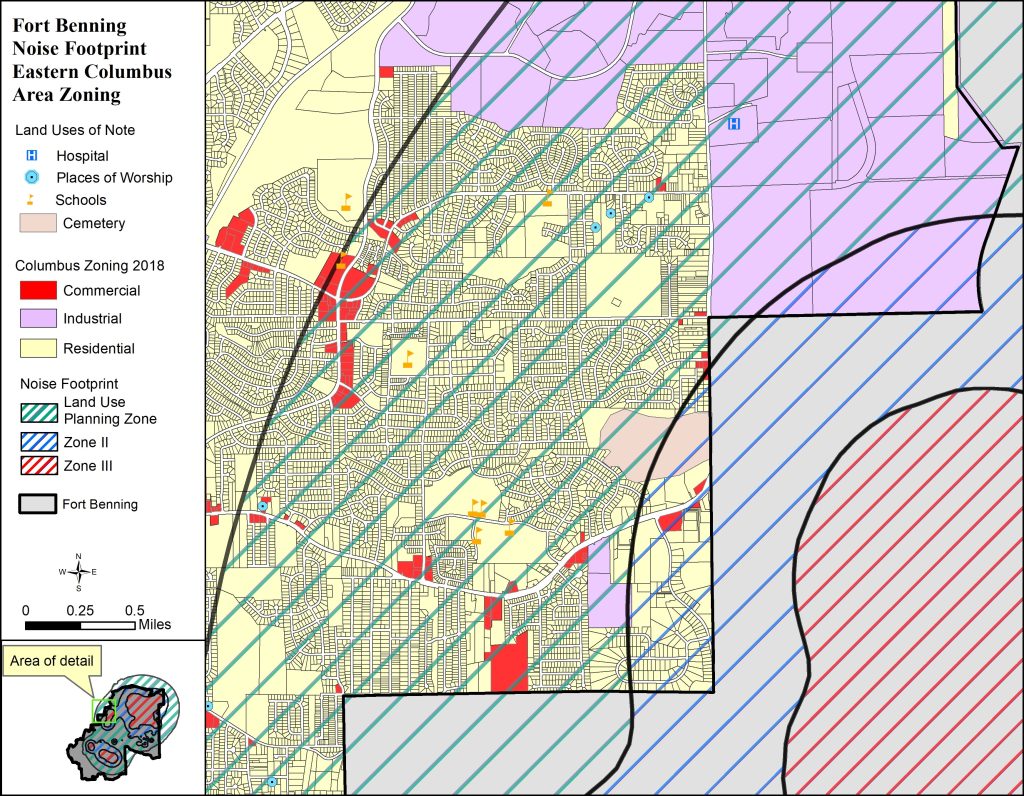 DoD compatibility programs encourage land use that is compatible with operations to protect the public health, safety and welfare. The maps shows that in this location, Noise Zone III is contained within FT Benning. Zone II does encompass some existing residential land use, but the good news is that it is at a lower density than within the LUPZ. Additionally, there is a large area of industrial zoning within the Zone II and LUPZ. Although much of the area is already built out, the goal of the installation would be to work with the community to ensure that the current industrial zoning would not be converted at any time to residential or another noise-sensitive use.