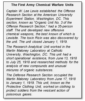 The First Army Chemical Warfare Units Captain W. Lee Lewis established the Offense Research Section at the American University Experiment Station, Washington, DC. This section, known as ?Organic Unit No. 3 of the Offense Research Section,? had a 35-person staff. The unit developed new offensive chemical weapons, the best known of which is Lewisite. The toxin Ricin was also discovered by the unit. The unit closed January 1, 1919.  The Research Analytical Unit worked in the Martin Maloney Laboratory at Catholic University, Washington, DC. This unit had a short operational existence, from June 13, 1918 to July 25, 1918 and researched methods for the analysis of new compounds and unusual mixtures of organic substances.  The Defense Research Section occupied the Martin Maloney Laboratory from June 17, 1918 to January 1, 1919. This unit, known as the Protective Clothing Unit, worked on clothing to protect soldiers from the vesicant action of poisonous gases.  The Dispersoid Section also had qua