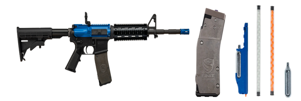 Non-lethal training rifle with propellant cartridge, plastic ammo, and clip